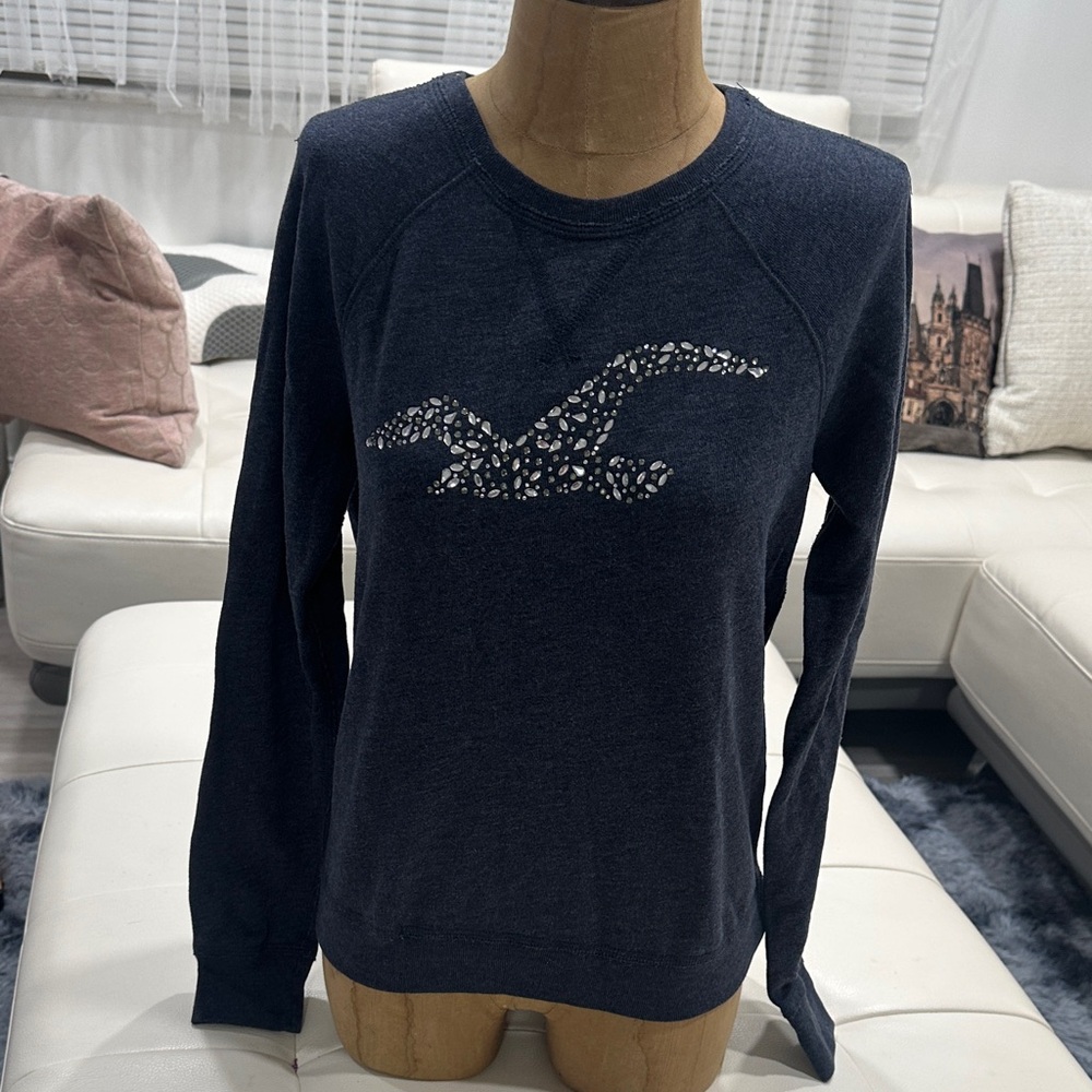 Hollister Navy Blue Sweater with White Iconic Logo- Size S